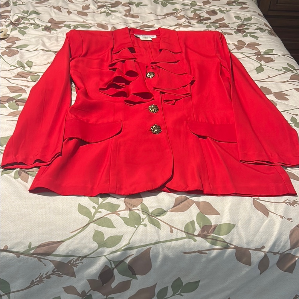 Striking Red Ruffled Blazer with Fitted Silhouette